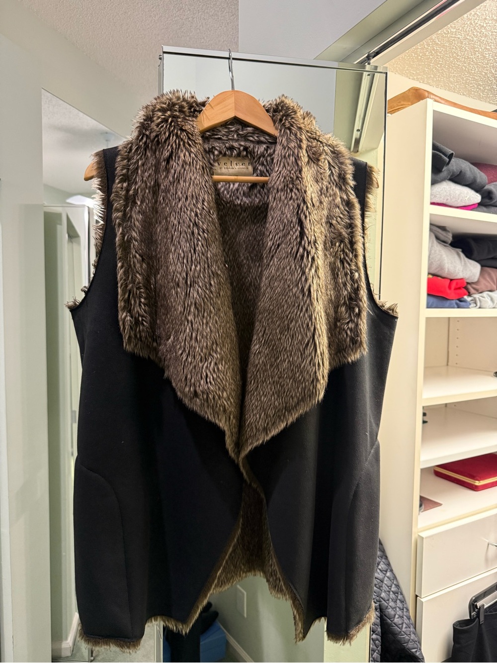 Velvet by Graham & Spencer Black Vest with Brown Faux Fur Collar